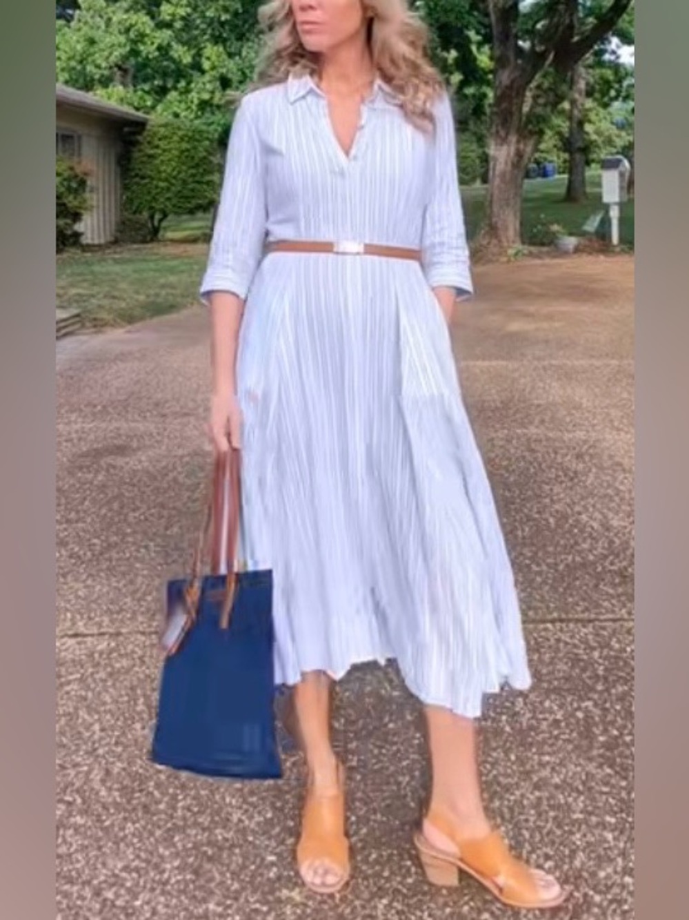 Martha Stewart Striped Button-Front Shirt Dress in Light Blue and White Linen M